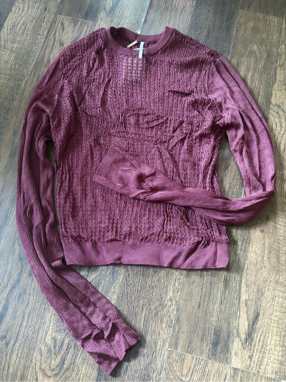 Free People Open-Knit Long Sleeve Pullover in Burgundy